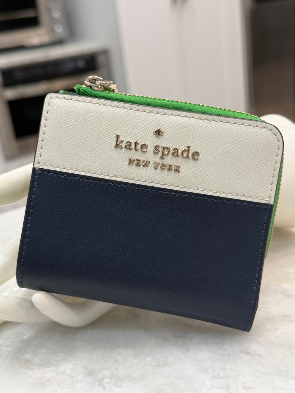 Kate Spade Staci Colorblock Small L Zip Bifold Wallet in Navy, White & Green